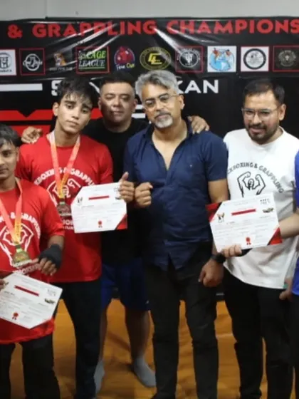 Our fighters and coaches celebrating with Sensei Yashpal after the MFC Series 2 championship.