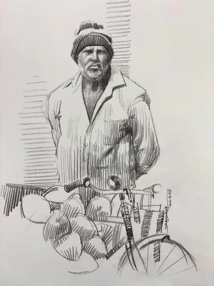 A figure sketch of a man standing by his cart. I use these online class demos to teach students how to observe and draw people in their natural environments.