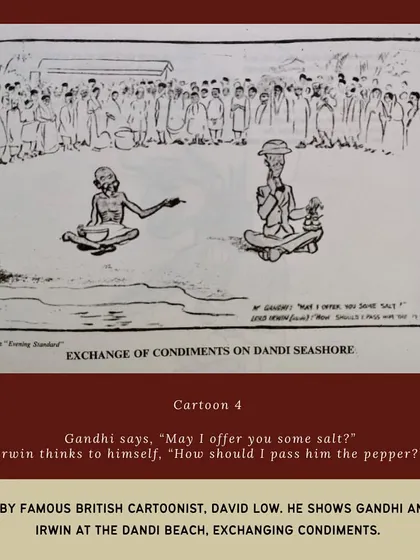 A cartoon by David Low showing Gandhi and Lord Irwin at Dandi beach during the Salt March. The satirical exchange of condiments is a commentary on the political negotiations and symbolic power of the Satyagraha movement.