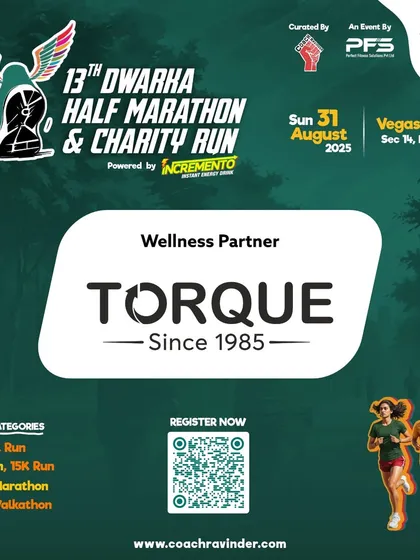 Torque as the Wellness Partner for the Dwarka Half Marathon, ensuring runners recover stronger.