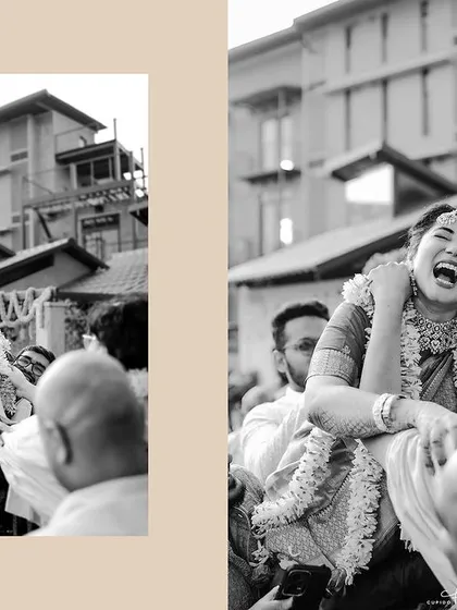 The pure elation of the moment. This black and white shot of Aarati being lifted by her family is a freeze-frame of absolute joy and celebration.