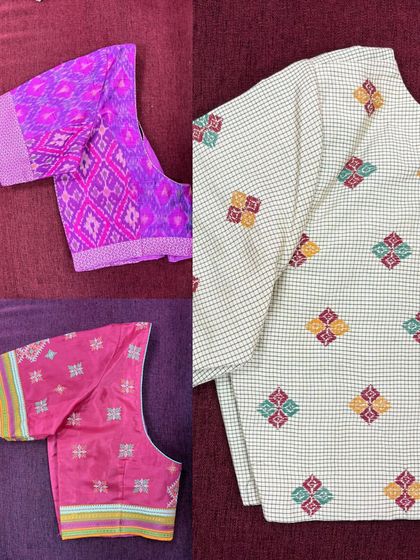 A glimpse of what's on sale for an upcoming exhibition, including ready-to-wear blouses in Ikat and checked cotton with Kasuti work.