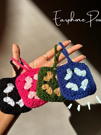 Keep your earphones from getting tangled with these cute granny square pouches. I make them in a bunch of different color combinations so you can find one that matches your vibe. They're small, practical, and add a little handmade charm to your tech.