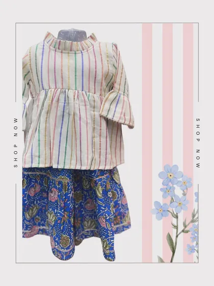 A graphic showcasing our popular striped and floral twinning set for girls. The top features bell sleeves and the sharara has a comfortable, roomy fit.