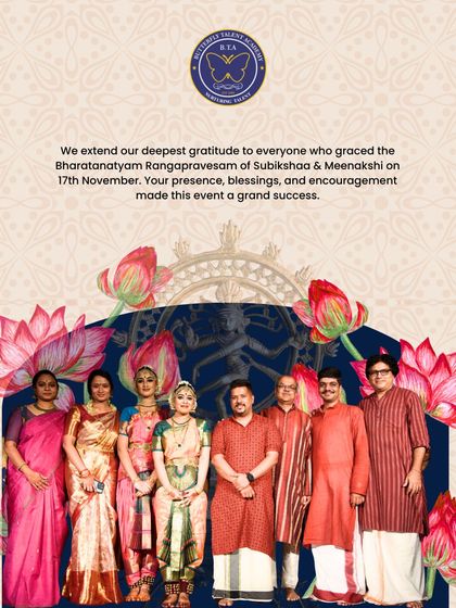 Celebrating the successful Bharatanatyam Rangapravesam of our students Subikshaa and Meenakshi. We extend our deepest gratitude to the audience for their presence and encouragement.