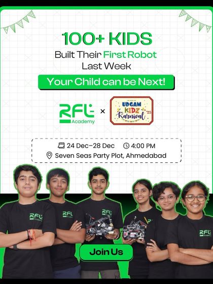 Over 100 kids built their first robot with us last week, and your child can be next. This poster invites families to our workshop at the Udgam Kidz Karnival in Ahmedabad.