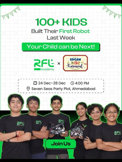 Over 100 kids built their first robot with us last week, and your child can be next. This poster invites families to our workshop at the Udgam Kidz Karnival in Ahmedabad.