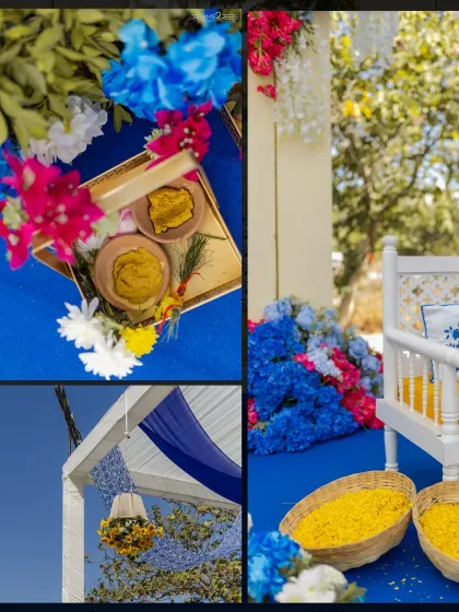 A collage showing the key elements of the tropical Haldi: the turmeric paste, the floral decor, and the custom seating for the couple.