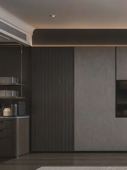 This shot shows the mini-bar and storage area, demonstrating the thoughtful integration of all necessary amenities.