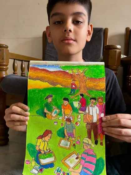 A memory drawing by a 4th-grade student depicting an outdoor art class. This piece shows good composition and the ability to draw multiple figures in a landscape.