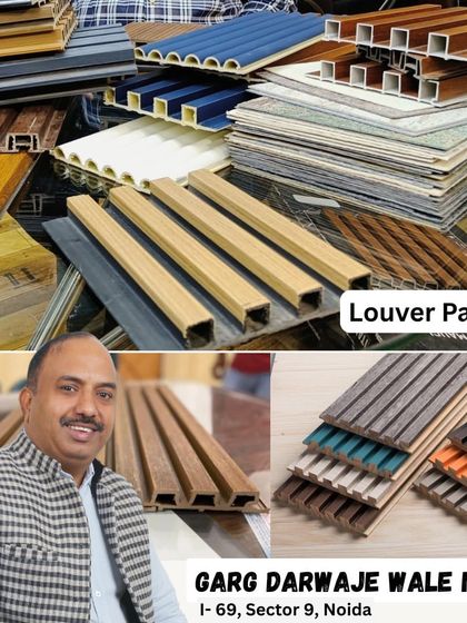 A collage of our louver panels, showing the wide variety of colors, finishes, and profiles available. You can see samples of different wood tones, solid colors, and metallic finishes.