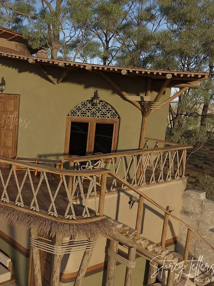 This image shows the intricate wooden latticework on the windows and the rustic texture of the thatched roof overhang. These details are inspired by local craftsmanship and add a layer of artistry to the sustainable resort design.