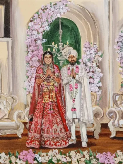 A live wedding painting created as a surprise gift from the couple's friends at Orana Conventions, Gurugram. The joy on their faces was priceless.