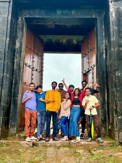 Our group posing at the majestic entrance of Nagara Fort, another historical gem we visit on our Kodachadri exploration trip.