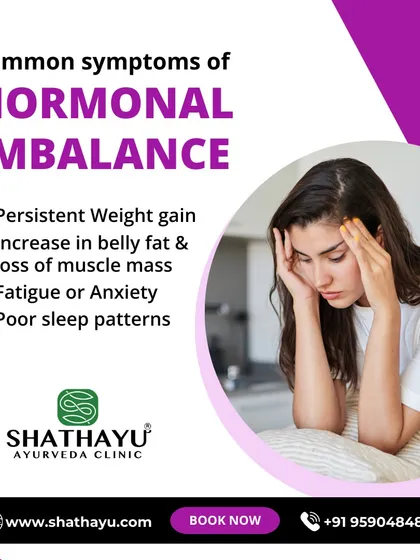 This graphic lists common symptoms of hormonal imbalance, such as persistent weight gain, fatigue, and poor sleep. Recognizing these signs is crucial, and my Ayurvedic clinic offers solutions to address these root causes.