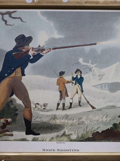 'Snipe Shooting,' an 1804 aquatint that vividly portrays a classic hunting scene. Aquatints are making a comeback, and we are proud to showcase these rare and captivating works, offering a chance to own a piece of history.