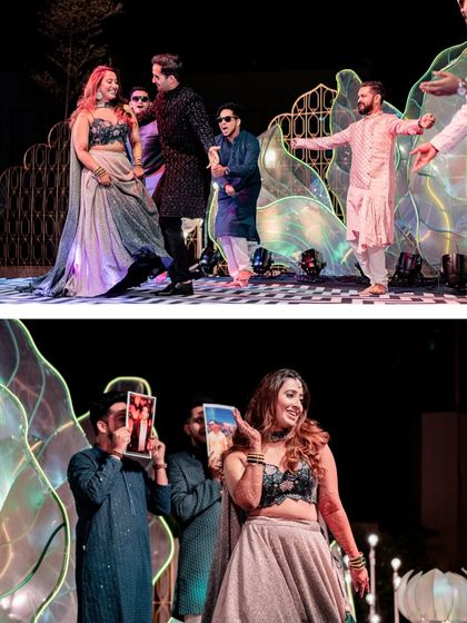 A collage of high-energy dance performances from the Sangeet, including friends performing with fun props.