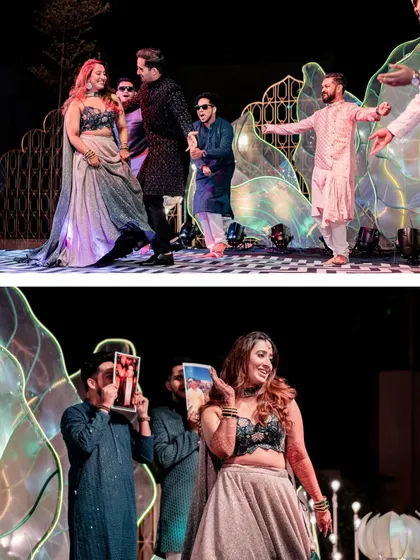 A collage of high-energy dance performances from the Sangeet, including friends performing with fun props.