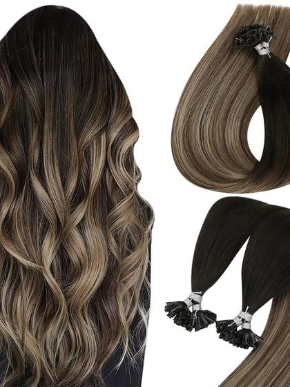 A collage showing a model with beautiful balayage hair alongside our U-Tip extensions that can create a similar look.