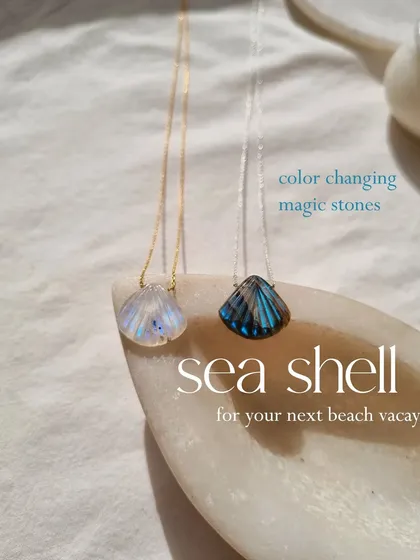 My color-changing magic stones, the rainbow moonstone and labradorite sea shell pendants. These are perfect for your next beach vacation.