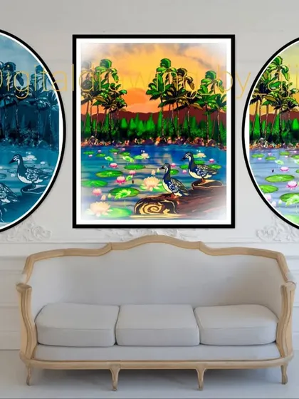 A creative display of the duck pond painting in different color treatments and frames.