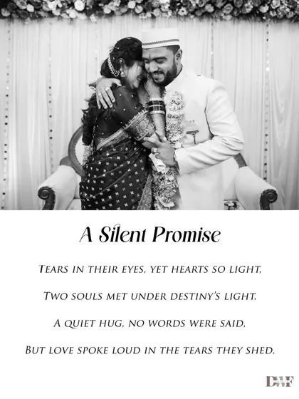 "A Silent Promise." This black and white photo captures a deeply emotional hug between the couple, a moment where love speaks louder than words.