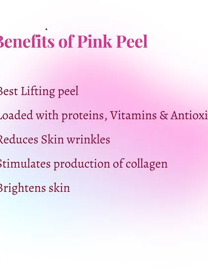 The benefits of the Pink Peel are numerous. It is an excellent lifting peel that reduces wrinkles, stimulates collagen, and brightens the skin by infusing it with proteins, vitamins, and antioxidants.