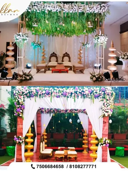 A collage showing two different styles of mandaps I've created. Whether you prefer a lush green backdrop or a more traditional floral setup, I can design the perfect space for your rituals.
