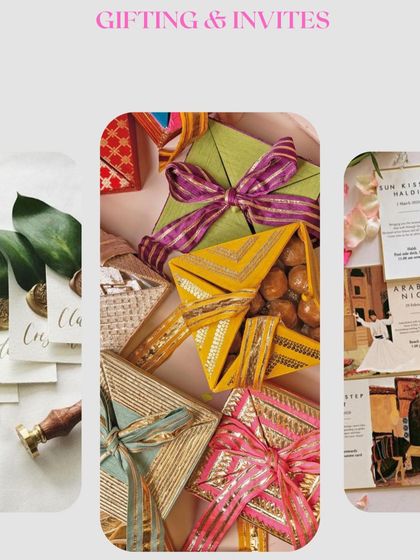 A snapshot of our gifting and invites service. We help you curate everything from bespoke wedding invitations with wax seals to beautifully packaged wedding favors for your guests.