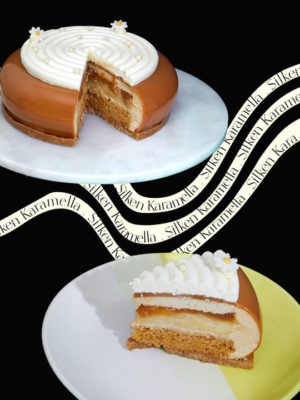 A playful presentation of my Karamella entremet. The silken, golden glaze and the perfectly layered slice highlight the comforting yet sophisticated nature of this banoffee-inspired creation.