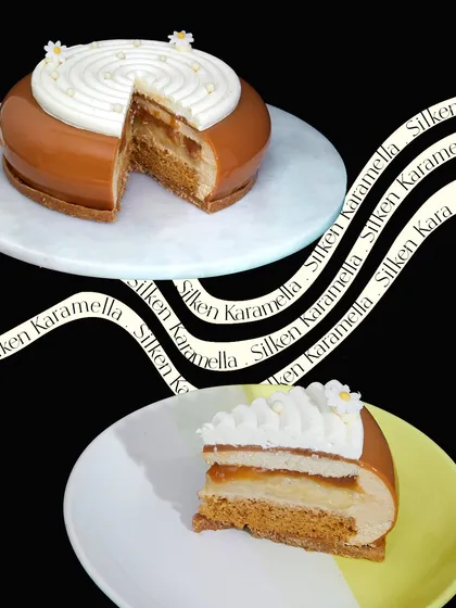 Silken Karamella. This collage shows the whole cake and a slice, highlighting its lush, golden, and impossibly smooth texture.