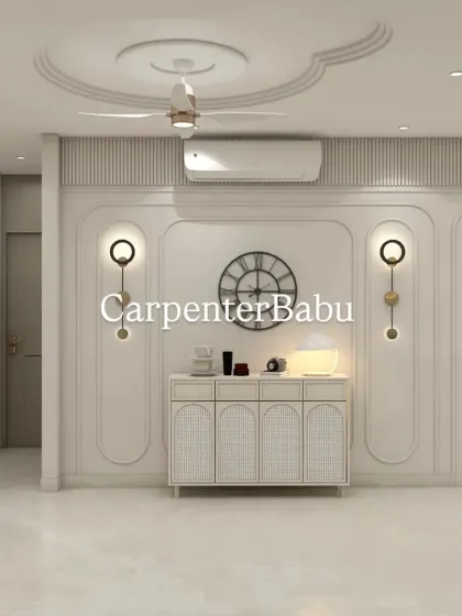This image shows the console area of the dining room, with a focus on the clean lines of the furniture and the classic wall treatment. It demonstrates my belief in creating beauty through simplicity.