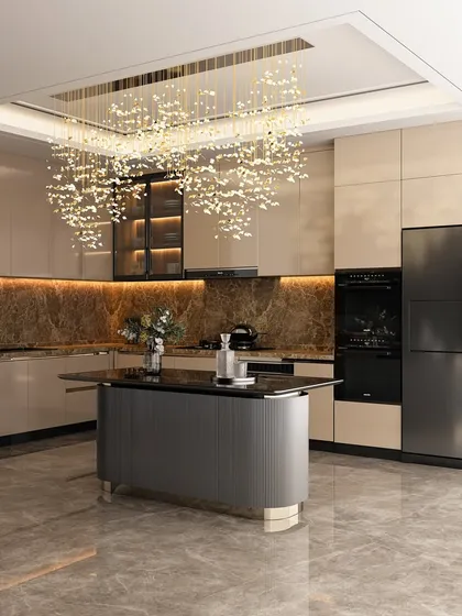 I believe a kitchen should be both a functional workspace and a stunning centerpiece. This design features sleek, handleless cabinetry, a beautiful marble backsplash, and a dramatic island, all crowned by a breathtaking crystal chandelier that makes every meal feel like a special occasion.