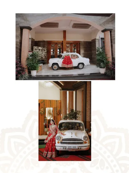 A creative shot of the bride's lehenga hanging in a vintage Ambassador car, alongside a portrait of her with the car. This adds a unique, classic touch to the wedding album.
