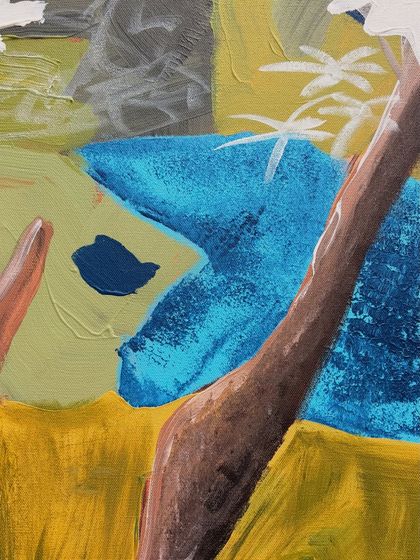 Another detail from the 7.5ft lily pond canvas. The combination of earthy tones with bright blues and yellows creates a rich and diverse color palette.