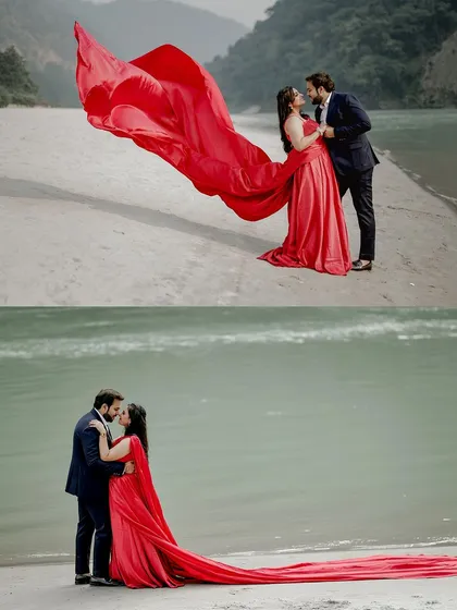 A dramatic and romantic collage from a Rishikesh pre-wedding shoot. The bride's magnificent red trail gown flows in the wind by the river, creating a truly cinematic and unforgettable image.