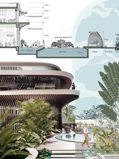 A conceptual section drawing of the Crystal Clubhouse. This image details our vision for a public space surrounded by biophilic landscapes, combining Maya, Rhino, and Photoshop to express the idea.