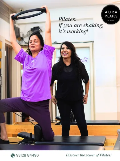 If you are shaking, it's working. This client is using the magic ring to add intensity to her reformer workout. That little shake means your muscles are getting stronger.