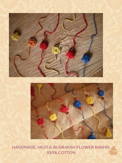 A collection of beautiful handmade flower Rakhis, crafted from 100% cotton and adorned with moti and rudraksh beads.