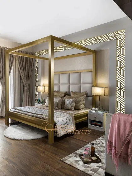 A striking bedroom design featuring a gold-finish four-poster bed and a geometric patterned wall, blending modern glamour with cozy textures.