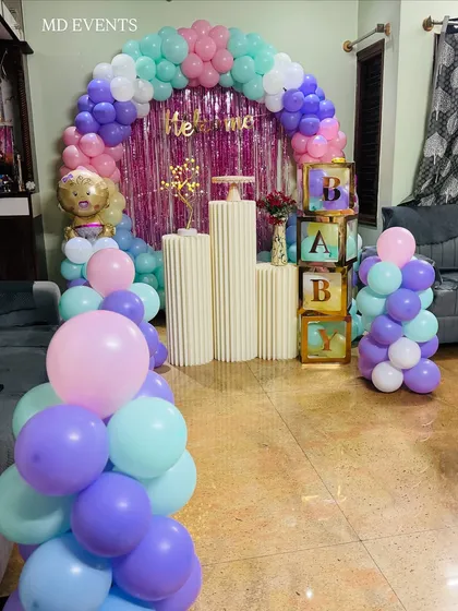 A low-angle shot of the "Welcome Baby" home decoration, showing the abundance of balloons on the floor that kids love to play with.