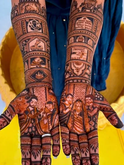 A beautiful family portrait in henna, showing the bride and groom with their parents. This is a wonderful way to honor your family on your special day.