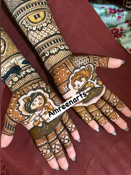A playful "boy or girl" themed mehandi for a baby shower. The design features cute cartoon characters and a "coming soon" message, adding to the excitement.