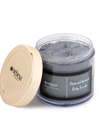 This is my Charcoal Walnut Body Scrub. It's a great exfoliator for removing tan and dirt, leaving your skin feeling polished and looking more radiant than ever.