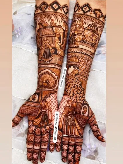 This design tells a complete story, with doli and varmala scenes on the palms and arms.