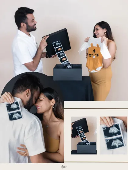 This collage shows the fun and creative ways we can announce a pregnancy. From revealing the sonogram in a surprise box to holding it in a loving embrace, we capture the joy of sharing the news.