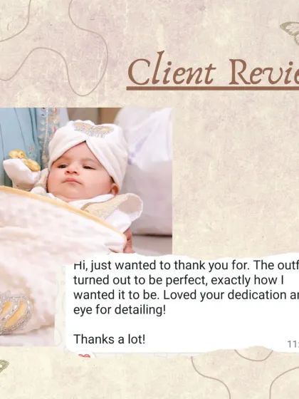 "The outfit turned out to be perfect, exactly how I wanted it to be." I pride myself on my eye for detail, and I'm so glad I could bring your vision to life with this beautiful white and gold set.