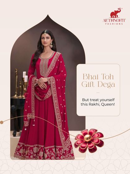 Bhai toh gift dega, but why wait? This Rakhi, treat yourself like the queen you are with this stunning red Anarkali, perfect for the festive celebrations.