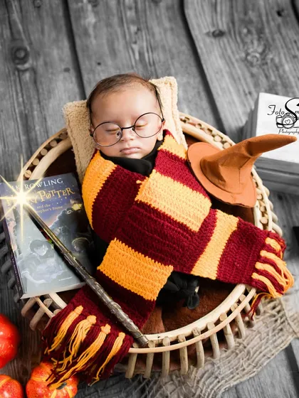 For the little wizard who cast a spell on your heart. This Harry Potter themed newborn shoot shows how we can bring any magical idea to life, creating a truly unique and enchanting portrait of your sleeping baby.