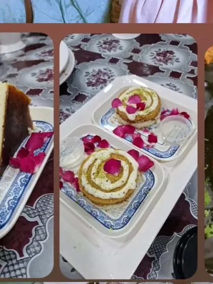 A collage of our star desserts. Featuring the San Sebastian Cheesecake, Turkish Cream Kunafa, and our signature Tandoori Fried Fish, this shows the variety of treats we offer.